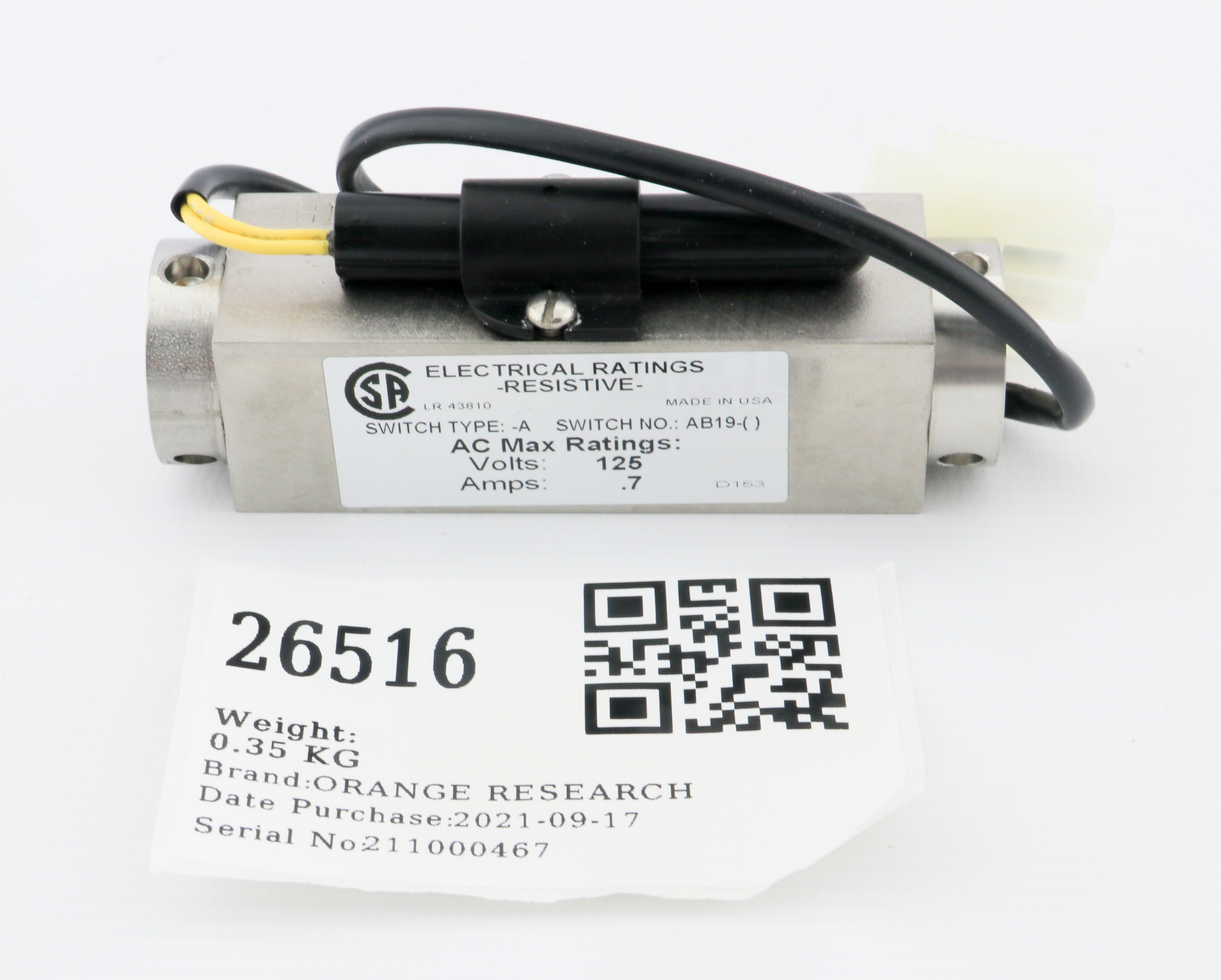 26516 ORANGE RESEARCH FLOW SWITCH UNIT , 0-1GPM, 1/4